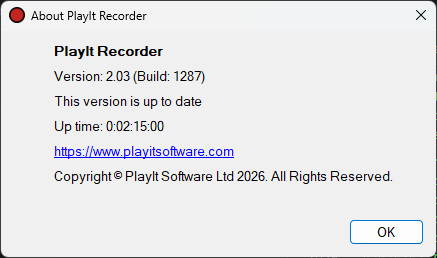 About PlayIt Recorder window showing the version is up to date