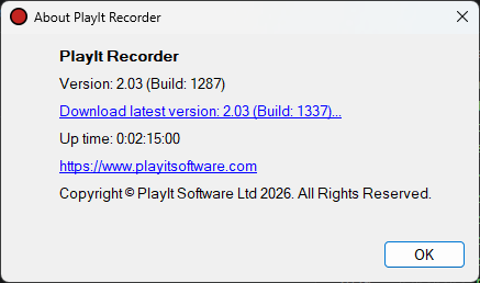 About PlayIt Recorder window showing an update is available