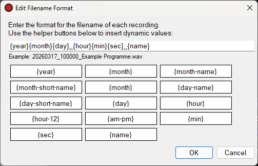 Edit Filename Format dialog