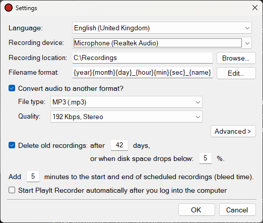 PlayIt Recorder settings window