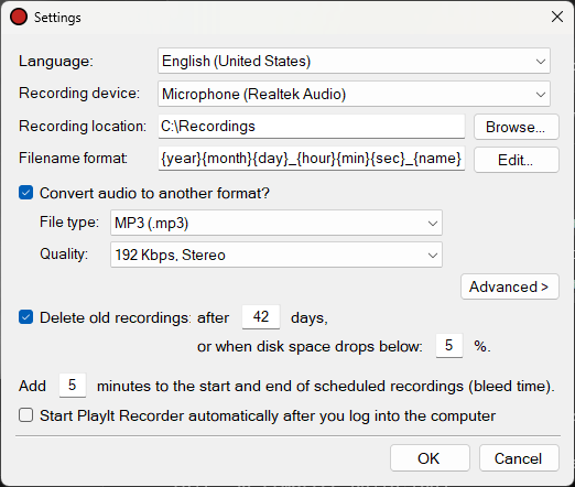 PlayIt Recorder settings window