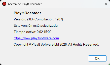 Ventana Acerca de PlayIt Recorder que muestra que la versión está actualizada