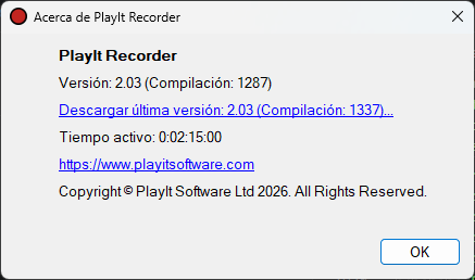 Ventana Acerca de PlayIt Recorder que muestra que hay una actualización disponible