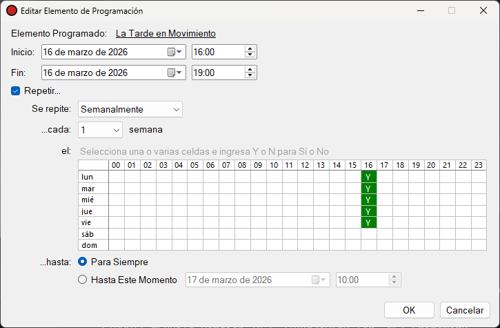 Ventana Editar Elemento de Programación