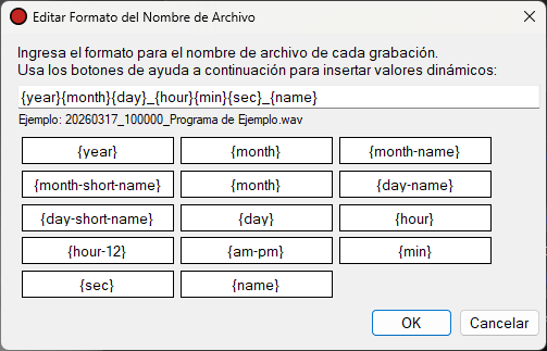 Cuadro de diálogo Editar formato del nombre de archivo