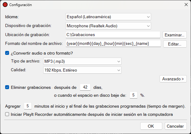 Ventana de configuración de PlayIt Recorder