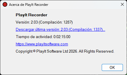 Ventana Acerca de PlayIt Recorder que muestra que hay una actualización disponible