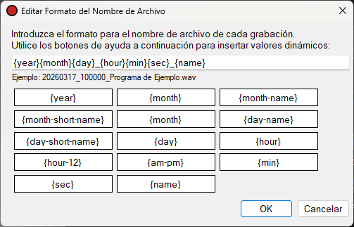 Cuadro de diálogo Editar formato del nombre de archivo