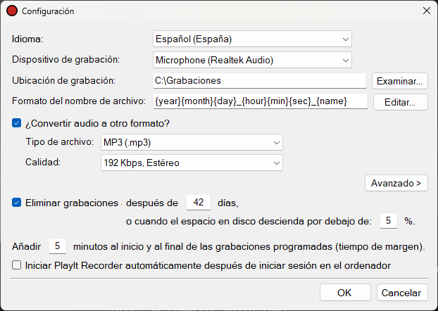 Ventana de configuración de PlayIt Recorder