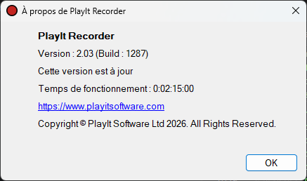 Fenêtre À propos de PlayIt Recorder indiquant que la version est à jour