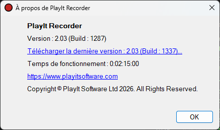 Fenêtre À propos de PlayIt Recorder indiquant qu'une mise à jour est disponible