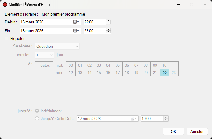 Fenêtre Modifier l'élément d'horaire