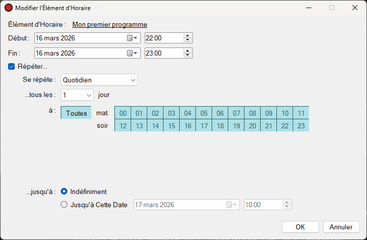 Modifier l'élément d'horaire avec paramètres de répétition