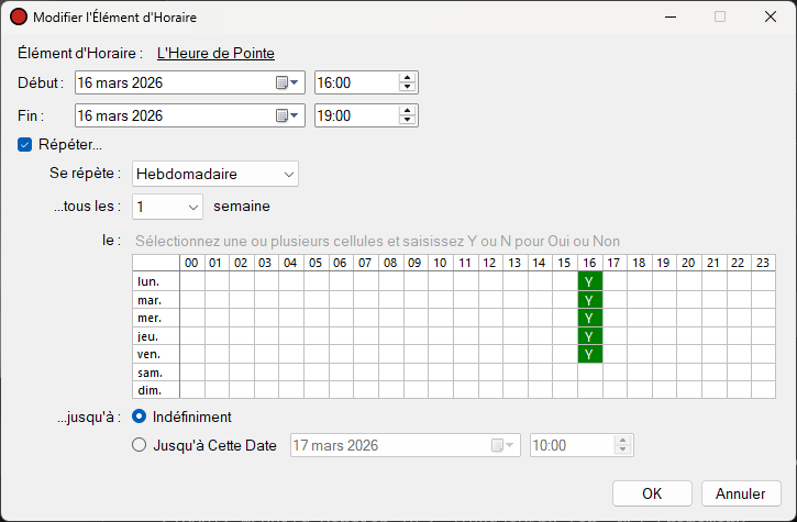 Fenêtre Modifier l'Élément d'Horaire