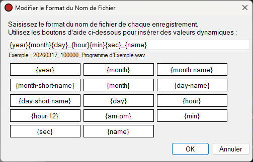 Boîte de dialogue Modifier le format du nom de fichier