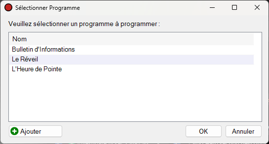 Fenêtre Sélectionner un programme