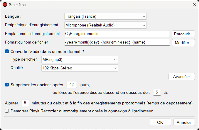 Fenêtre des paramètres de PlayIt Recorder