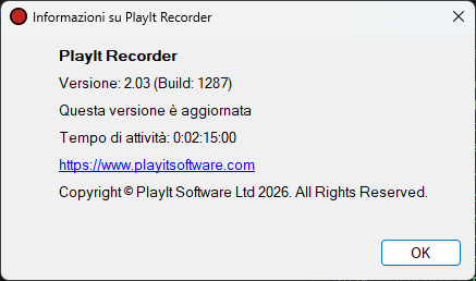 Finestra Informazioni su PlayIt Recorder che mostra che la versione è aggiornata