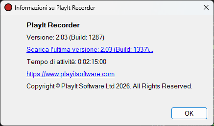 Finestra Informazioni su PlayIt Recorder che mostra che è disponibile un aggiornamento