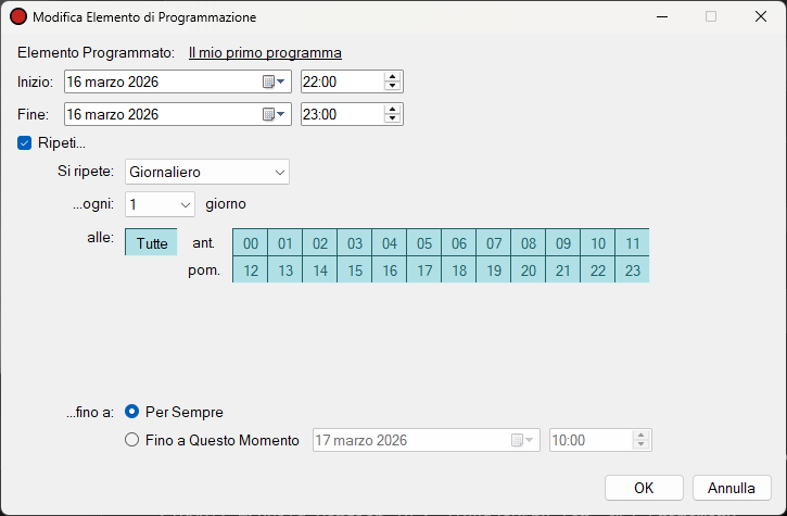 Modifica Elemento di Programmazione con impostazioni di ripetizione