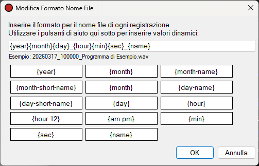 Finestra di dialogo Modifica formato nome file