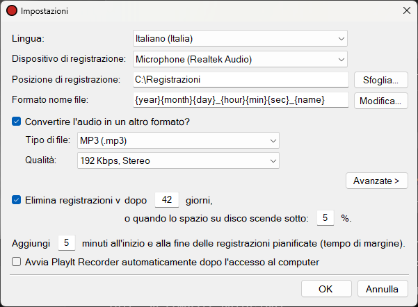 Finestra delle impostazioni di PlayIt Recorder