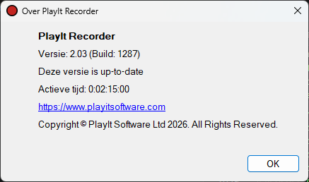 Venster Over PlayIt Recorder met de melding dat de versie up-to-date is