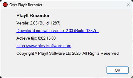 Venster Over PlayIt Recorder met de melding dat een update beschikbaar is