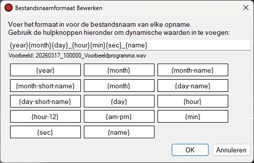 Dialoogvenster Bestandsnaamopmaak bewerken