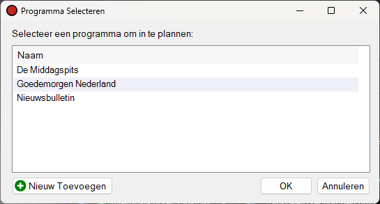 Venster Programma selecteren