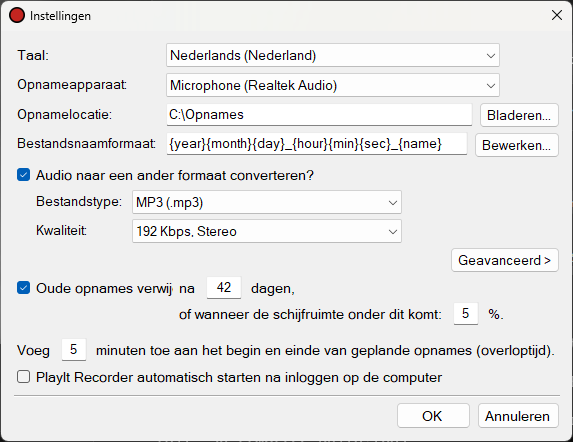 Instellingenvenster van PlayIt Recorder