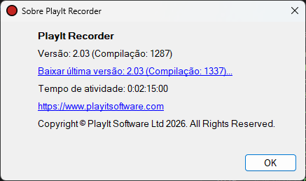 Janela Sobre do PlayIt Recorder mostrando que uma atualização está disponível