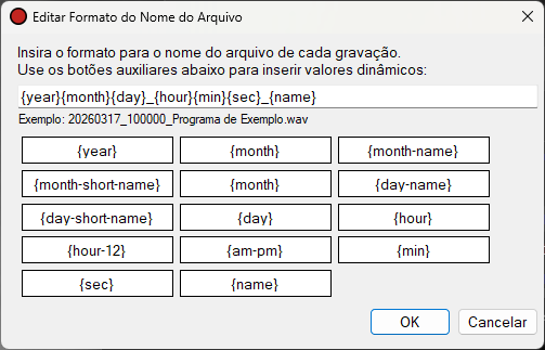 Caixa de diálogo Editar formato do nome do arquivo