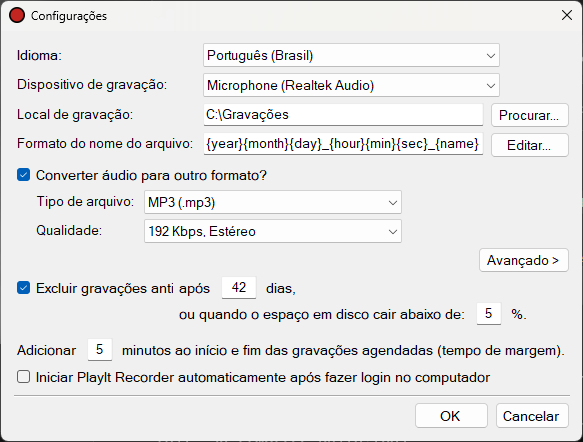 Janela de configurações do PlayIt Recorder