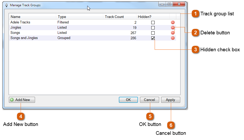 Manage Track Groups Window