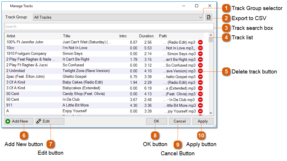 Manage Tracks Window