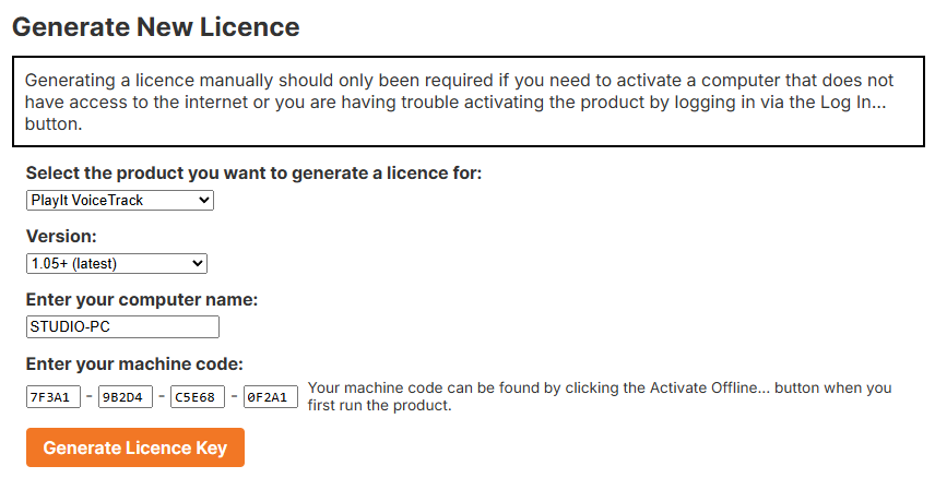 Generate licence key on website