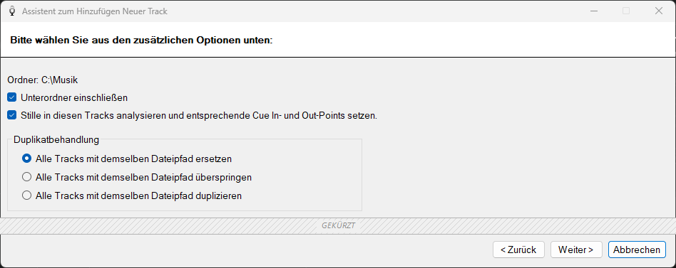 PlayIt VoiceTrack Assistent zum Hinzufügen neuer Tracks – Seite mit zusätzlichen Optionen