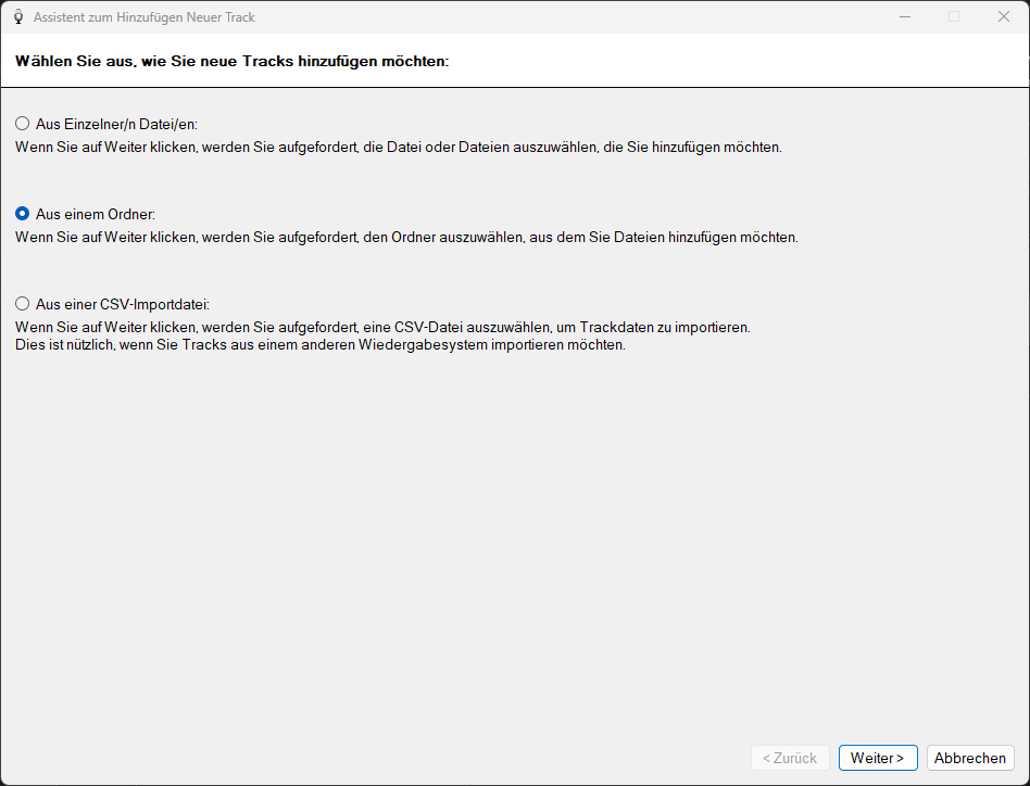 PlayIt VoiceTrack Assistent zum Hinzufügen neuer Tracks – Seite zur Quellenauswahl