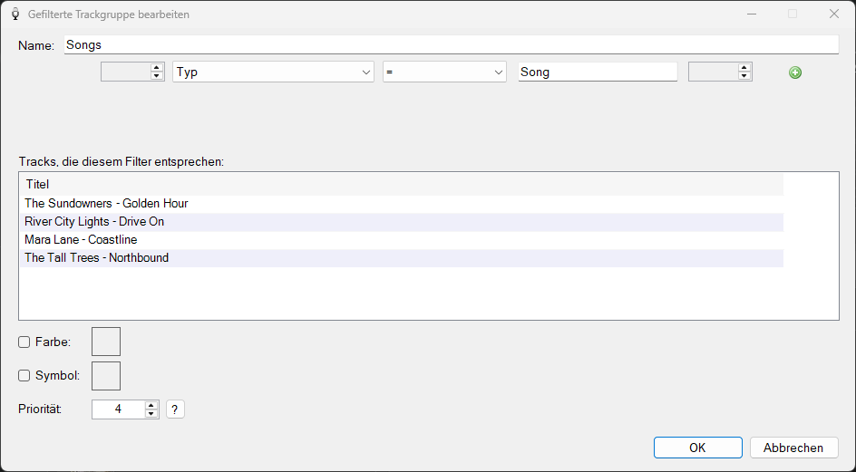 PlayIt VoiceTrack Fenster „Gefilterte Trackgruppe bearbeiten“