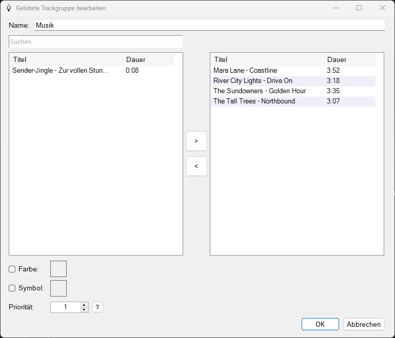 PlayIt VoiceTrack Fenster „Gelistete Trackgruppe bearbeiten“