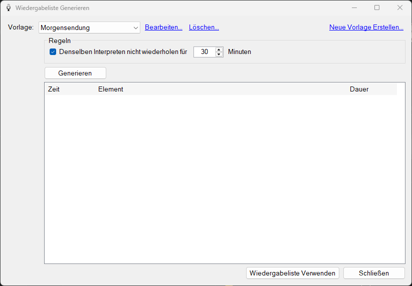 Fenster „Playlist Generieren“