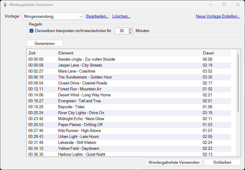 Fenster „Playlist Generieren“ mit generierten Elementen