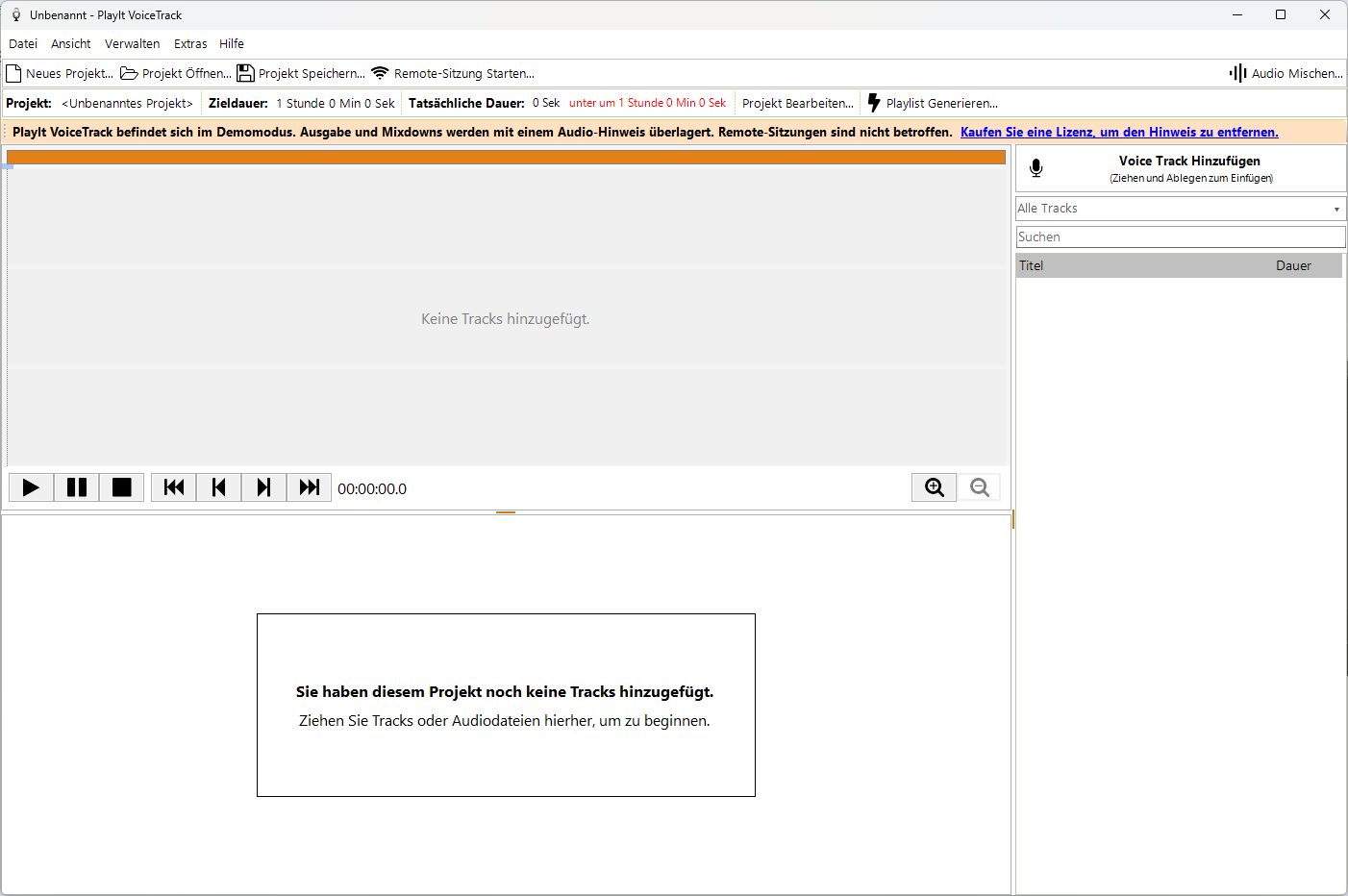 PlayIt VoiceTrack Hauptfenster beim ersten Start im Demomodus