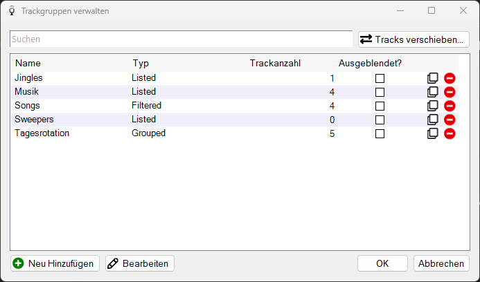 Fenster „Trackgruppen verwalten“ in PlayIt VoiceTrack