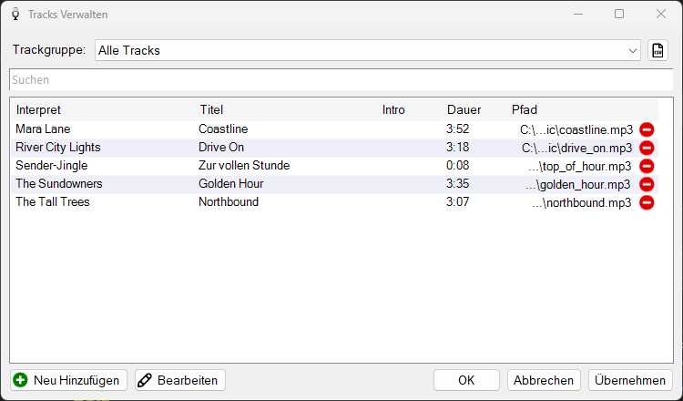 PlayIt VoiceTrack Fenster „Tracks Verwalten“
