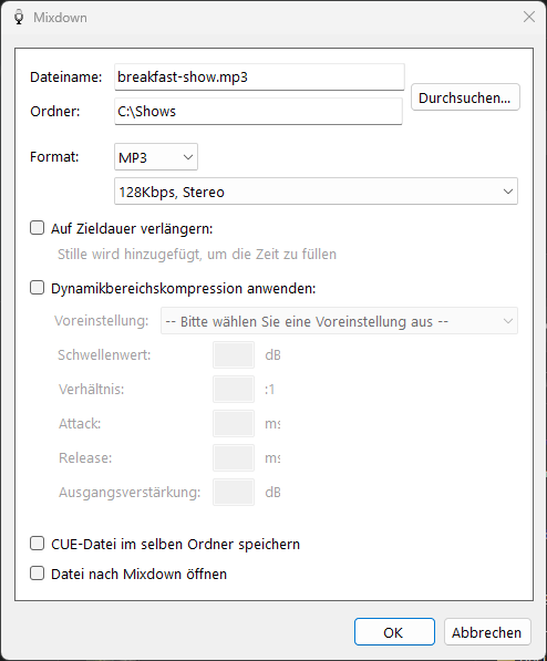 Mixdown-Audio-Fenster