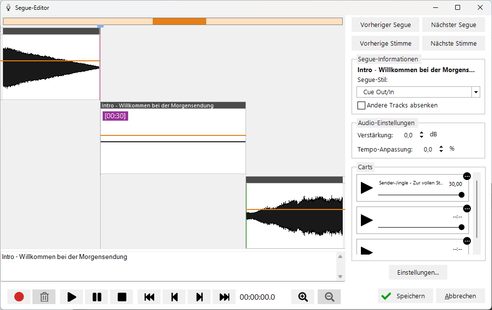Segue-Editor geöffnet auf einem leeren Voice Track, bereit zur Aufnahme