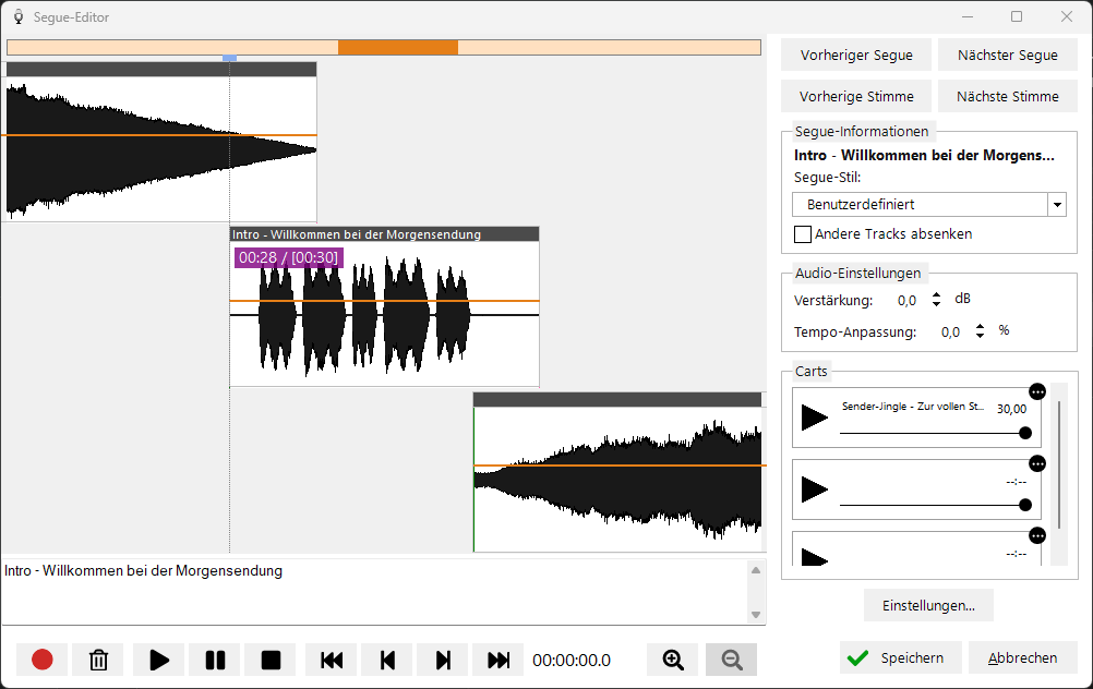 Der Segue-Editor nimmt einen Remote-Voice-Track auf