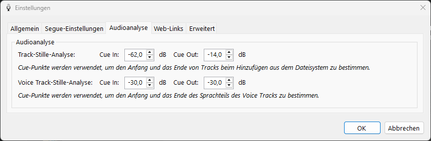 PlayIt VoiceTrack Einstellungen - Registerkarte Audioanalyse